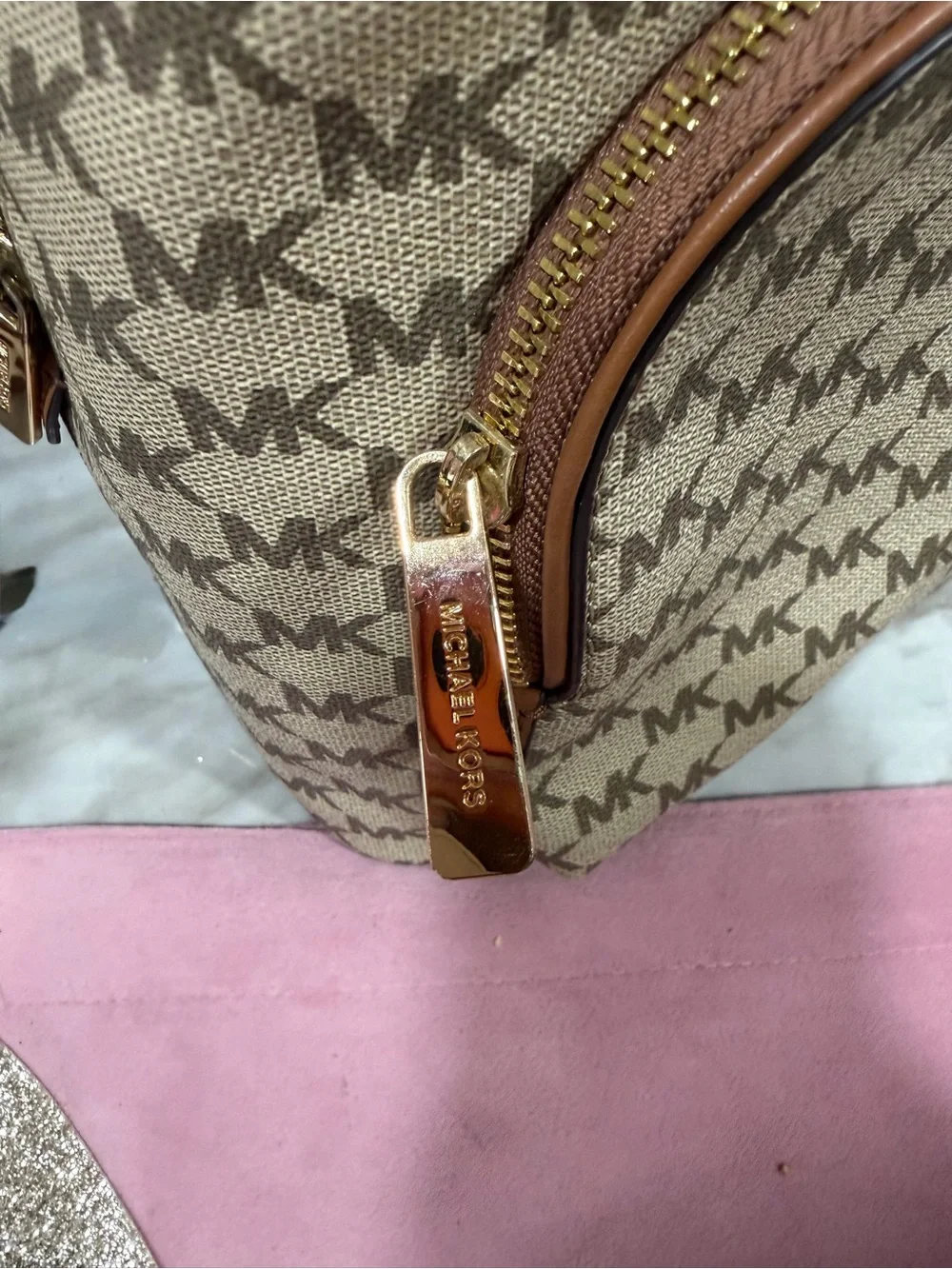 Michael Kors Beige MK Monogram Backpack with Tan Trim